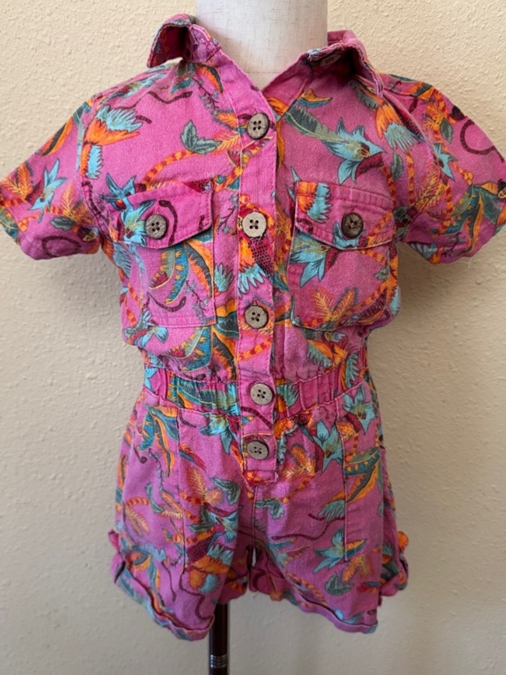 Jessica Simpson Toddler Pink Utility Tropical Print Short Sleeve Romper Size 4T